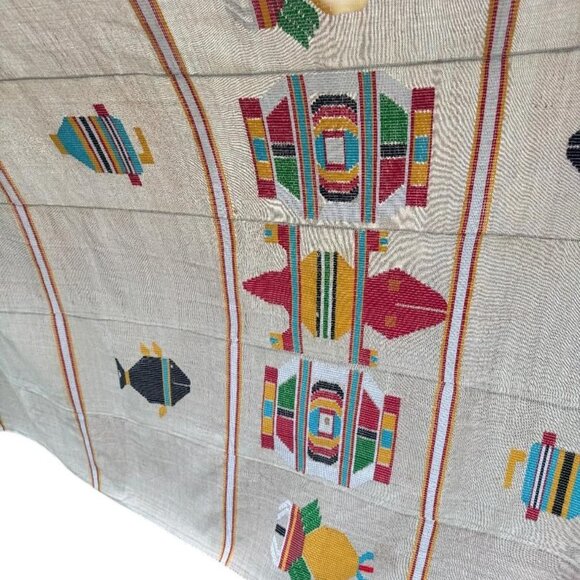 Handwoven Cotton Blanket/Tapestry With Colorful Fish & Geometric Patterns - 60"x - Picture 4 of 5